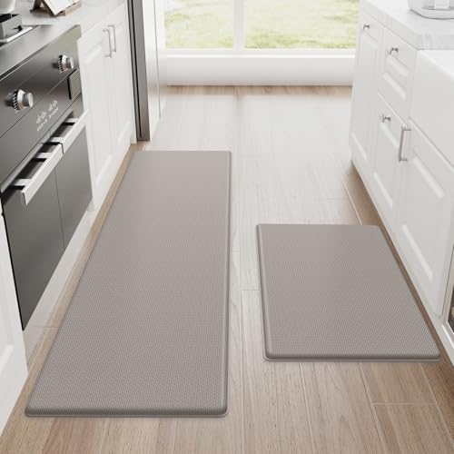 StepRite Kitchen Mats, 2PCS Kitchen Rugs, Cushioned Anti Fatigue Kitchen Mats for Floor, Non-Slip Standing Desk Mat, Waterproof Kitchen Rug Set for Kitchen, Floor, Office, 17.3'x30'+17.3'x47', Khaki