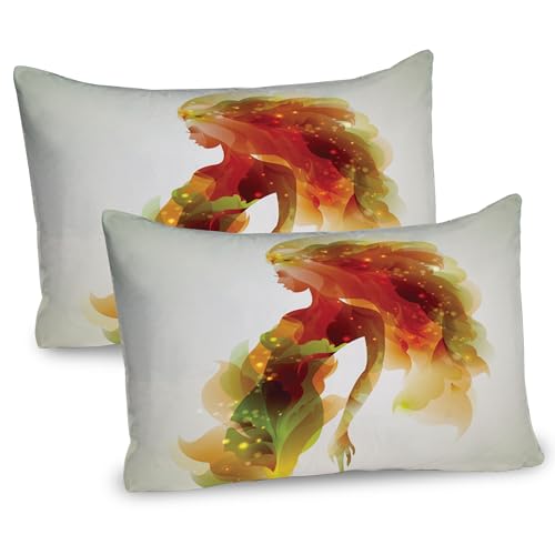Ambesonne Floral Pillow Sham Set of 2, Girl Flowers and Leaves Abstract Art Spring Season Theme Art Print, Quality Microfiber Bedding Item for All Seasons, 36