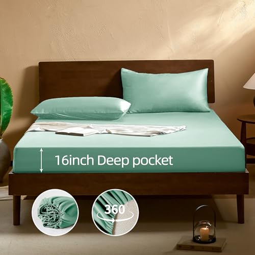 Image of EVERLY Full Sheets Set,Luxuriously 400 Thread Count Organic Viscose Derived from Bamboo Bed Sheet,Cooling Sheets for Full Size 4 Piece Deep Pockets Bedding Sheets &Pillowcases-Water Green