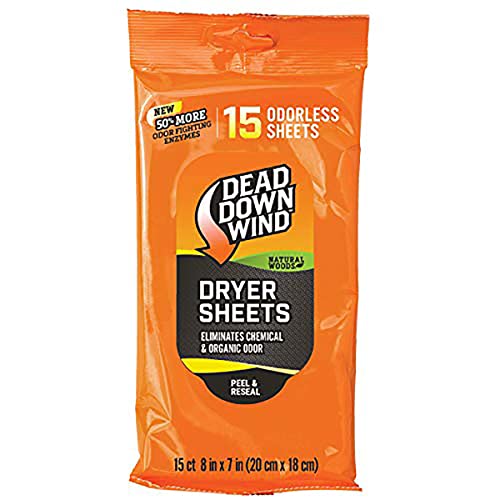 DEAD DOWN WIND Natural Woods Scented Odor Eliminating Dryer Sheets (15Ct) – Hunting Scent Control – Durable Hunting Scent Eliminators – Advanced Hunting Laundry Gear