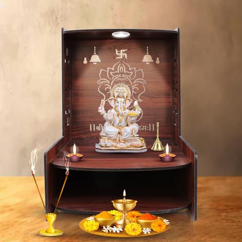Image of Olive Tree Ethnic Wooden Pooja Mandir for Home Handcrafted Puja Stand | Wall Mounted with LED Spot Light | Mandapam, Pooja Ghar, Temple Office Decor - Walnut Size 12X12X16 Inch 1003