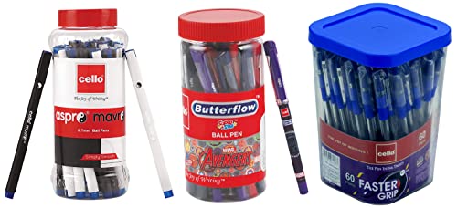 Image of Cello Aspro Mavro Black Ball Pen | Pack of 50 Butterflow Avenger Blue Ball Pen Pack of 25 Faster Grip Ball Pens | Pack of 60