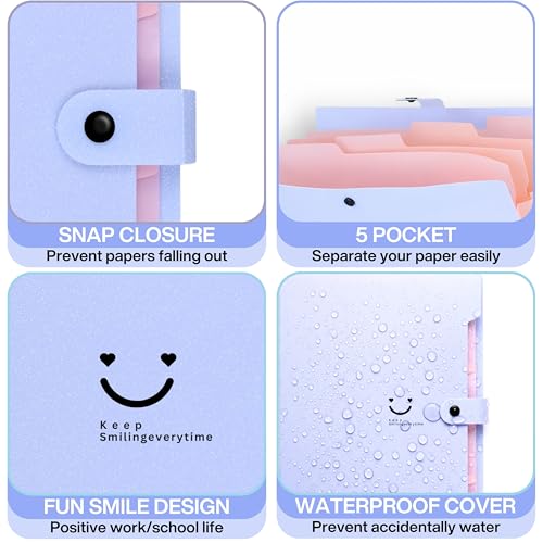 Image of SPS 5 Pocket Expanding File Folder Smile Design - Fits A4 & Letter Size Document Organizer, Accordion File Folders, File for Office, Portable File Organizer, School & Home - Pastel Blue & Pink