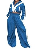 2 Piece Sets for Women Sweatsuit Long Sleeve Zip Up Sweatshirt Jogger Long Pants Color Block Athleisure Sets Blue XXL