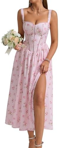 KUTUMAI Floral Corset Midi Dress Flowy Slit Summer Spring Wedding Guest Dresses for Women Sundress with Pockets