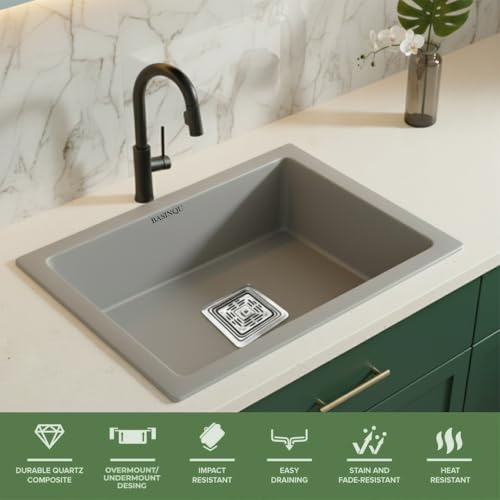 Image of BASINQU Quartz Sink for Kitchen | 21x18x9 Inches Quartz Kitchen Sink Grey | Granite Sink For Kitchen Basin UV Protected, Granite Scratch Resistant, Undermount /Topmount Sinks