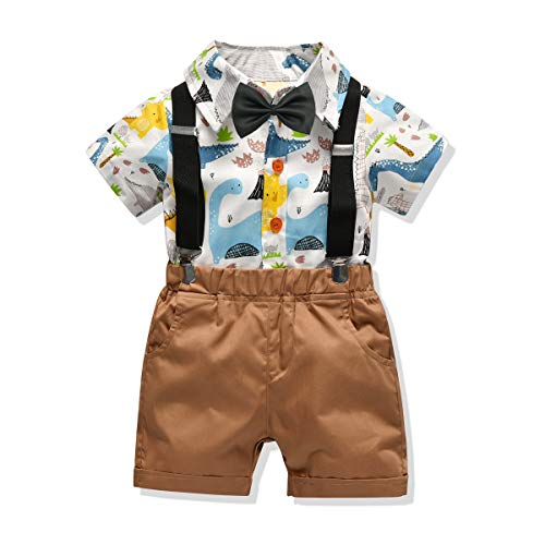 Carlstar Baby Boys Gentleman Outfit Little Boys Formal Short Set Toddler Short Sleeve Shirt+Suspender Pants+Bow Tie 4Pcs