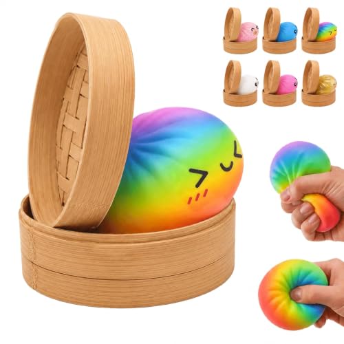 Rainbow Dumpling Squishy Big Mystery Dumplings Squishies Box Cute Bao Bun Fidget Real Office Desk Decor Soft Sensory Squeeze Ball with Steamer for Anxiety Stress Relief Surprise Gift (Rainbow)