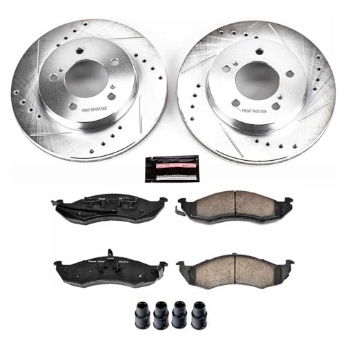 Image of PowerStop Front Brake Kit for Mercury Villager 1993-02 | Nissan Quest 1993-02 - Drilled and Slotted Disc Rotors with Carbon-Fiber Ceramic Brake Pads Replacement, K1823