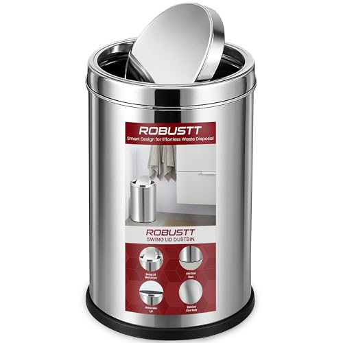 Robustt Swing Lid Dustbin - 10L | Silver Stainless Steel Trash Ca...