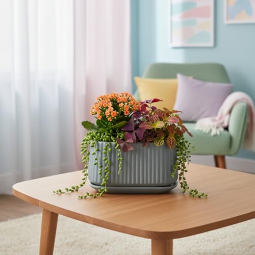 Image of Xtore Refined Ribbed Oval Planter Pot with Drain Tray for Indoor & Outdoor Plants | Minimal Modern Flower Pot (Grey, 23.5 cm) (Planter only)