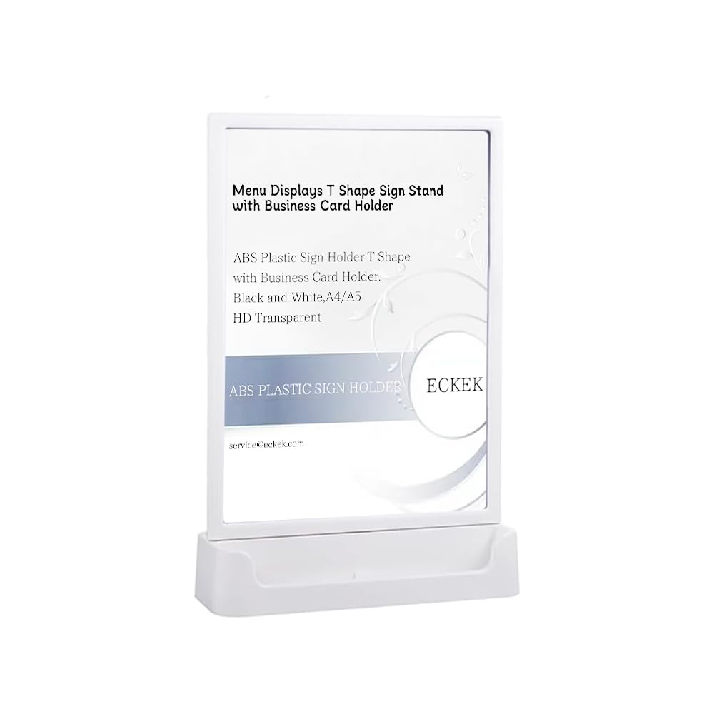 Eckek White Abs Plastic Sign Holder, Menu Displays T Shape Sign Stand With Business Card Holder, Plastic Display Stand For Ads, Menu, Photos, Business Card ( A4 210×297Mm/8.27×11.69 Inches)