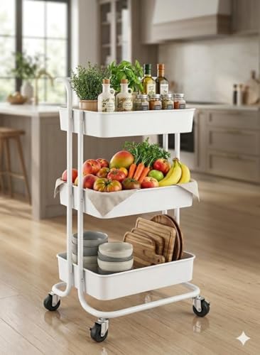3-Tier Rolling Kitchen Storage & Organizer Cart in White with a Modern Elegant Design for Practical and Easy Home Organization