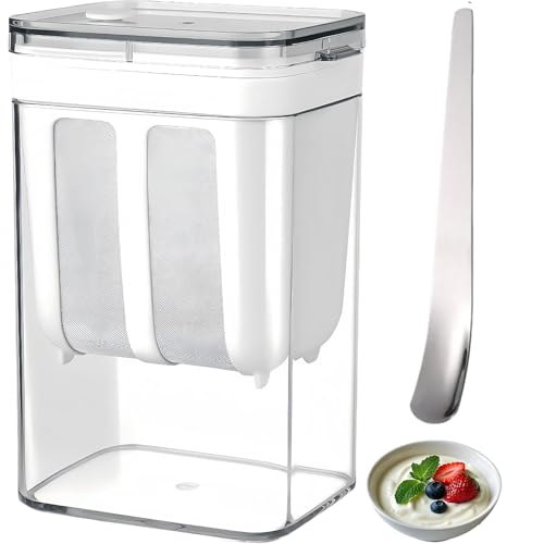 Yogurt Strainer Greek Yoghurt Curd Maker with Stainless Steel Spoon & 9 Filter Mesh Bags Milk Whey Separator Machine with Transparent Container Nut Food Strainers for Home and Kitchen (White)