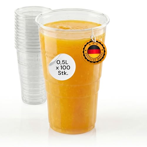 LogiPack GeRo 100 Stück Plastikbecher Trinkbecher mit Eichstrich 0 5l | Einwegbecher aus Hartplastik (PP) transparent | Bierbecher & Partybecher Kunststoffbecher