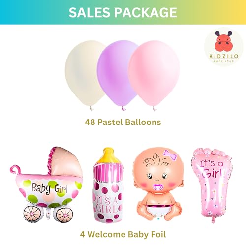 Image of 57 Pcs Welcome Baby Girl Decoration Kit | Balloons, Banner, Curtains, Foils, Stars, Hearts, Ribbon & Confetti for Baby Shower & Newborn Celebration Set 07