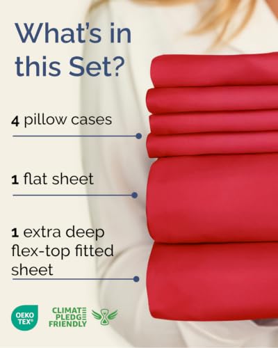 Image of CGK Unlimited Extra Deep Flex Top Split Head King Sheet Set - 6 Piece Breathable and Cooling Sheets - Hotel Luxury Bedding for Women, Men, Kids & Teens - Easy Secure Fit - Extra Deep Pockets - Red