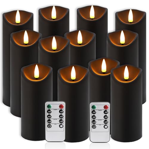 Image of YOROXRG 12 Pack Halloween Decoration Flickering Flameless Candles, Battery Operated LED Pillar Candles with Remote Control and Timer.for Home Decor (D2.2 xH 5 inch 6 inch 7 inch Black)