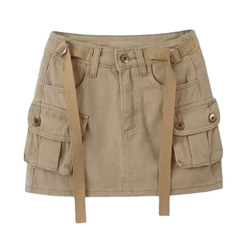 Women’S Retro Workwear Denim Mini Skirt High Waist Slim A-Line Bodycon Short Skirts Apricot XXL