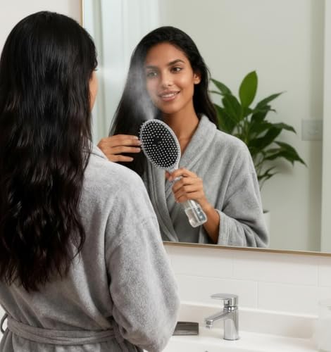 Image of Anti-Frizz Spray Hair Brush with Built-in Water Mister, Refillable Detangling Brush for Quick Styling, Smooth Hair Finishing, and Convenient Travel Use