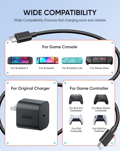 2-Pack Câble de recharge rapide pour commutateur Nintendo 2 & Adaptateur original,5FT 60W USB-C Chargeur,[Cord de remplacement d'adaptateur AC]Accessoires pour commutateur 2/Official Adaptateur/Dispositifs de type C
