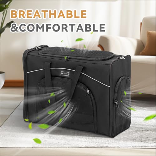 Petsfit Hundetasche Flugzeug 55x40x23 & Flugtasche Hund | Transportbox Katze | Transporttasche Hund Katzen | Sicherer Transport in Auto, Flugzeug und Bahn,mit 2 Platzierung-Methode, L/Schwarz