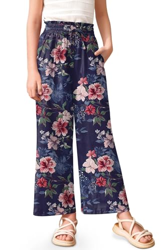 Image of Girls Summer Floral Wide Leg Pants High Waisted Flowy Dress Trousers with Pockets for School Lounge Beach 5-14 Years