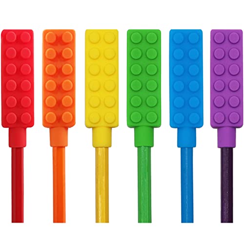 Chewable Pencil Toppers for Sensory Kids Boys and Girls (6 Pack) Silicone Rainbow Chew Toys for Chewers with Special Oral Motor Needs Chewing Brick Tools Fidget Stim Toy for Autism Children Student