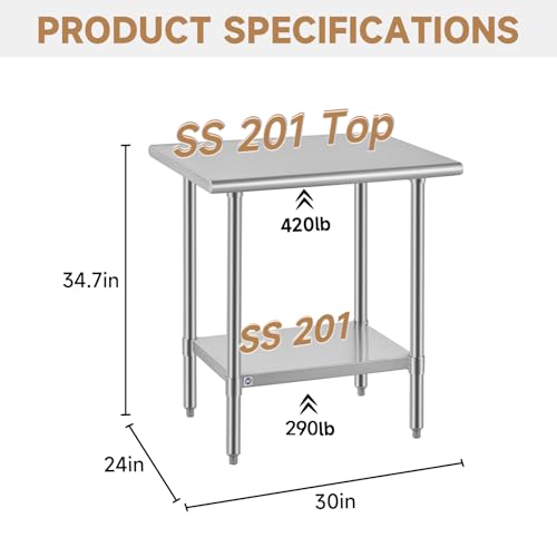 Image of ROCKPOINT All Stainless Steel Table for Perp & Work 24x30 Inch,Commercial Heavy Duty Workbench with Stainless Legs & Adjustable Undershelf, 710 lb Capacity for Restaurant,Home and Outdoor Kitchens