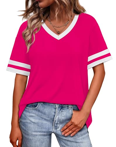 Image of WIHOLL Womens T Shirts Loose Fit Short Sleeve Tees V Neck Color Block Summer Tops 2026 Fashion S-4XL