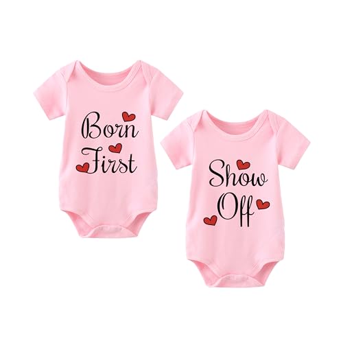 Image of babytwinssuit Baby Twins Bodysuit Born First Show Off Newborn Baby Clothes Cute Outfits Toddler Boy Girl Romper Set(pink 6m)