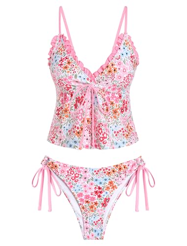 Image of ZAFUL Women's V Neck Textured Knot Tie Ruffle Trim Tankini Swimsuits