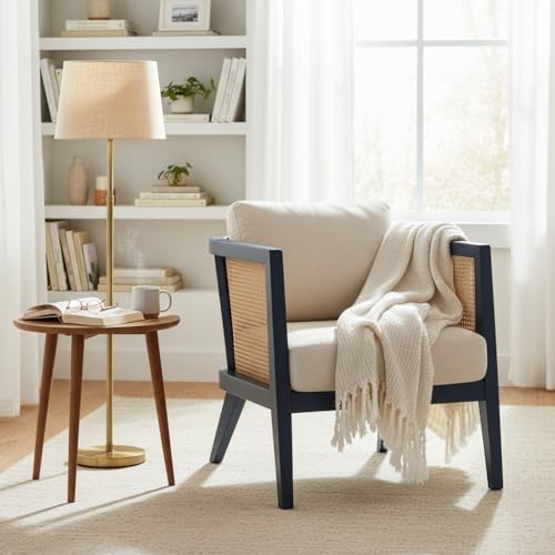 Image of APRODZ Solid Wood Accent Chair for Living Room Mid Century Modern Wooden Upholstered Armchair with Cushion Lounge Chair Cane Back Wooden Frame for Living Room Bedroom Office Seating (Navy Blue)