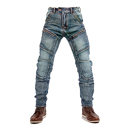 Men's Slim Fit Patchwork Jeans Hip Hop Streetwear Straight with Zip Cargo Moto Biker Denim Pants