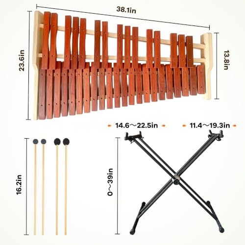 Image of 37 Note Xylophone Professional Wooden Glockenspiel, Upgraded Arched Frame for Better Resonance, with Height Adjustable Stand, 4 Mallets, Hand Bell and Carry Bag (Natural)