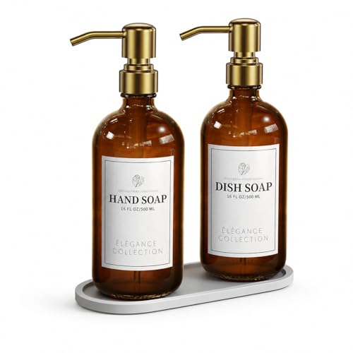Image of Fachixy Amber Glass Soap Dispenser (2 Pack), 16 Fl Oz Hand & Dish Soap Dispenser Bottles Set with Rust-Resistant Stainless Steel Pump, Non-Slip Pad, 14 Waterproof Labels for Kitchen and Bathroom