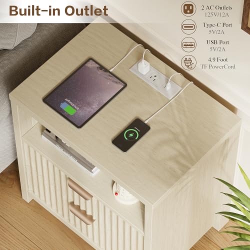 24'' Nightstand with Charging Station, Fluted Night Stand Natural White Oak | Wood Bedside Table with 2 Drawers and Open Shelf, Modern Night Table with Outlet for Bedroom - Image 4