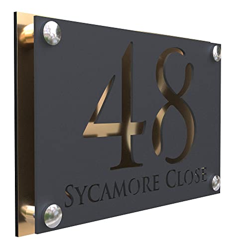 K Smart Sign | Simpatico A4 F32 | Matt Dark Gray Personalised House Signs Door Numbers Street Grey Address Number Plaques | 280mm x 180mm (Matt Dark Gray & Gold Mirror)