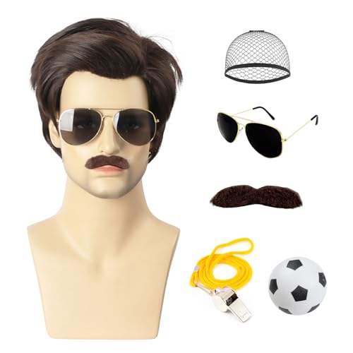 TOMIGO 6PCS Mens Short Brown Hair Wig and Mustache Kit