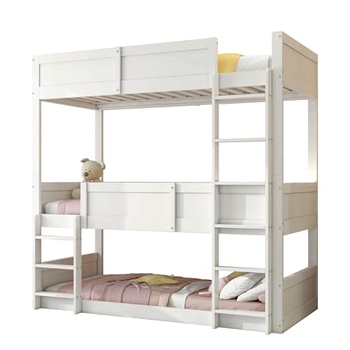 Hmdpoo Litera Triple de Madera Maciza 90x200 cm, Cama Alta con Barandilla de Seguridad, Diseño Modular para Niños, Color Blanco, 205x95x191 cm