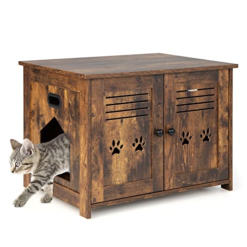 GYMAX Maison pour Chat avec Placard à Porte Double, Niche pour Chat avec Plateau Spacieux, Meuble à Litière pour Chaton Multifonction avec Fenêtre, pour Chambre, Animalerie, 70X51,5X50,5 CM