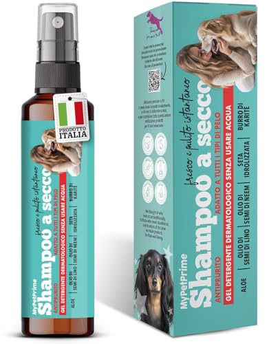 MyPetPrime Shampoo Secco per Cani Gel | NO risciaquo | Antiodore | Dermatologico | Igienizzante, Antiprurito | Con Olio di semi di Neem | Per Tutte le Razze | Made in Italy | Senza Parabeni e Siliconi