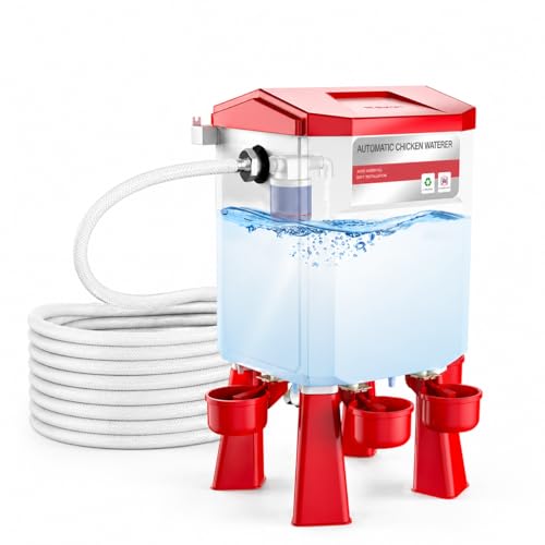 Automatic Chicken Waterer 2 Gallons Chicken Water Feeder with Float Valve & 4 Water Cups 13FT Hose Poultry Waterer System Chicken Coop Water Dispenser for Chickens Ducks Quail Turkey (Red 2 GAL)