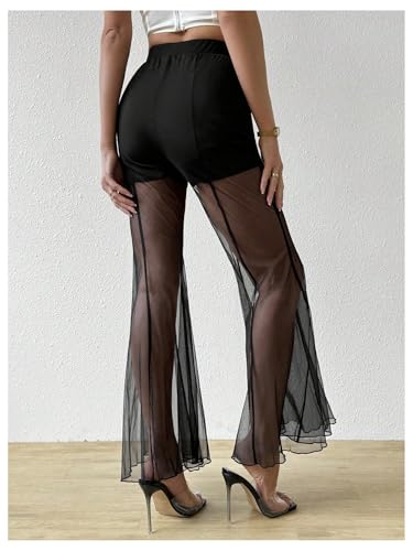 Women's Sheer Mesh Flare Pants Elastic Waist Flowy Bell Bottoms Elegant Long Trousers2