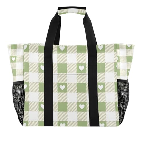 Grey-green Love Check Utility Totes Collapsable Water Resistant with Handles Beach Tote Bag