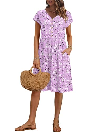 Image of AUSELILY Women's Summer Short Sleeve Knee-Length V Neck Dress with Pockets | V Neck,Cap Sleeve,Loose-Fit,Casual Dresses,2026 New