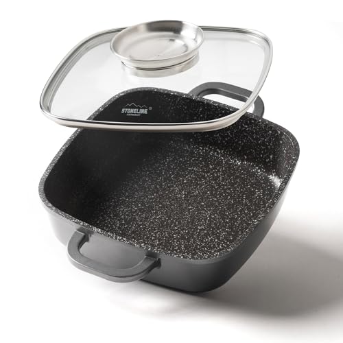 STONELINE Servierpfanne Eckig 20 cm, Eckige Pfanne Induktion mit Deckel, Aroma Funktion, Aluguss, Antihaft Pfanne Beschichtet mit echten Steinpartikeln, Für alle Herdarten, Backofen, Grau