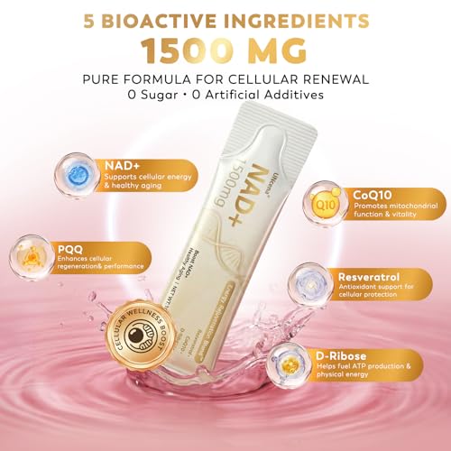 Image of NAD+ Liquid Supplement 1500mg - NAD Nicotinamide Riboside & Resveratrol with PQQ CoQ10, NAD Plus Help Support Absorption - Boosts Cellular Energy, Overall Vitality for Women & Men (30 Packets)