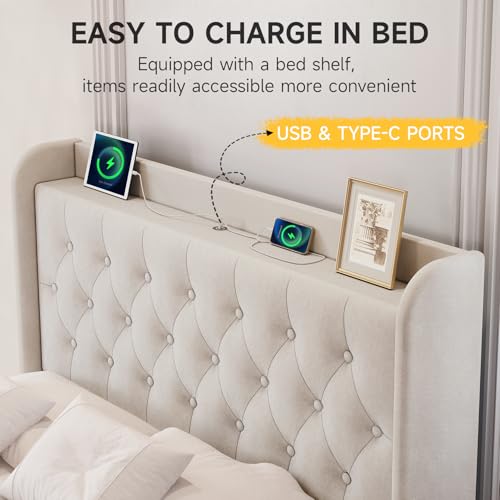Image of koorlian Full Size Bed Frame, Full Bed Frame with Headboard, Adjustable Velvet Upholstered Bed Frame with Type-C&USB Port, Wingback Storage Headboard, Solid Wood Slats Support, Noiseless, Beige