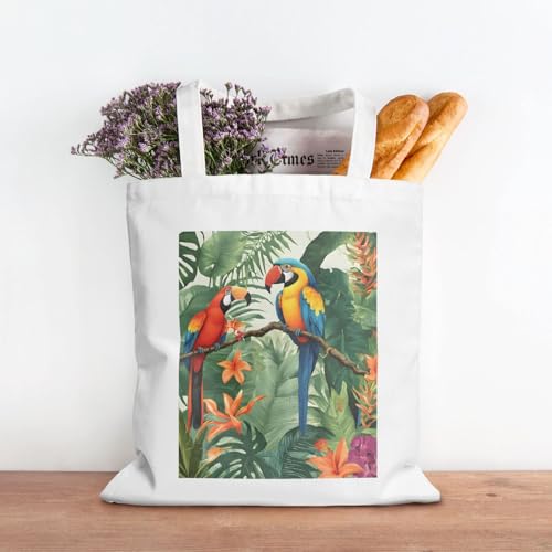 (Macaw And Toucan Perching Of Rainforests) Reusable Canvas Tote Bag For Women Shoulder Bag For Shopping Grocery Beach Travel Work3